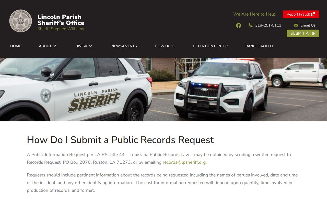 Lincoln Parish 72-hour release record request instructions from LPSO