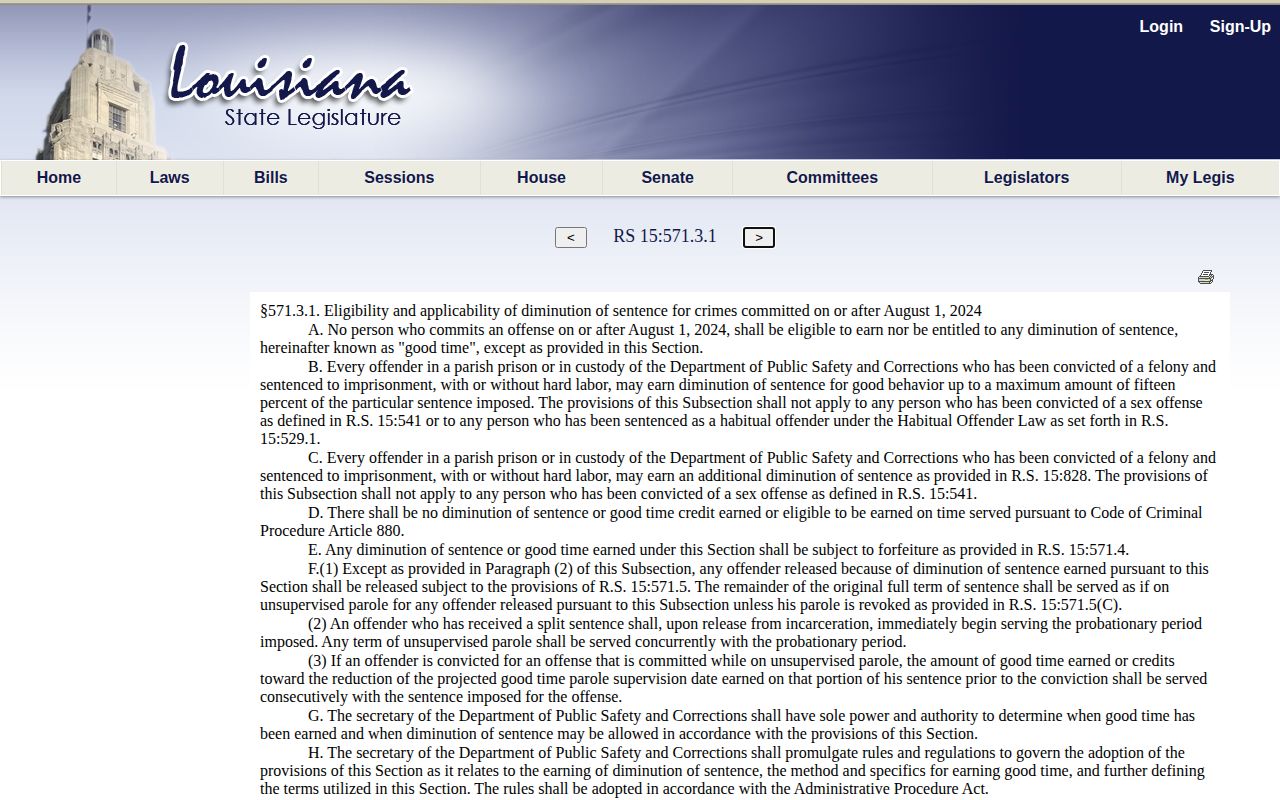 Lincoln Parish projected release date Louisiana fifteen percent diminution statute
